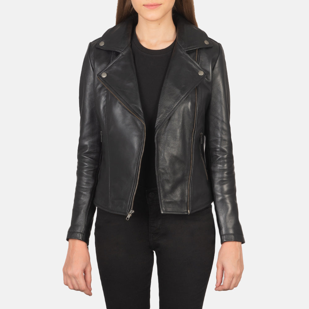 Elsus Black Leather Women Biker Jacket