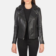 Elsus Black Leather Women Biker Jacket