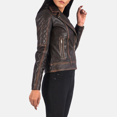 Womens Brown Leather Quilted Biker Jacket