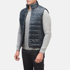 Mens Blue Leather Puffer Vest