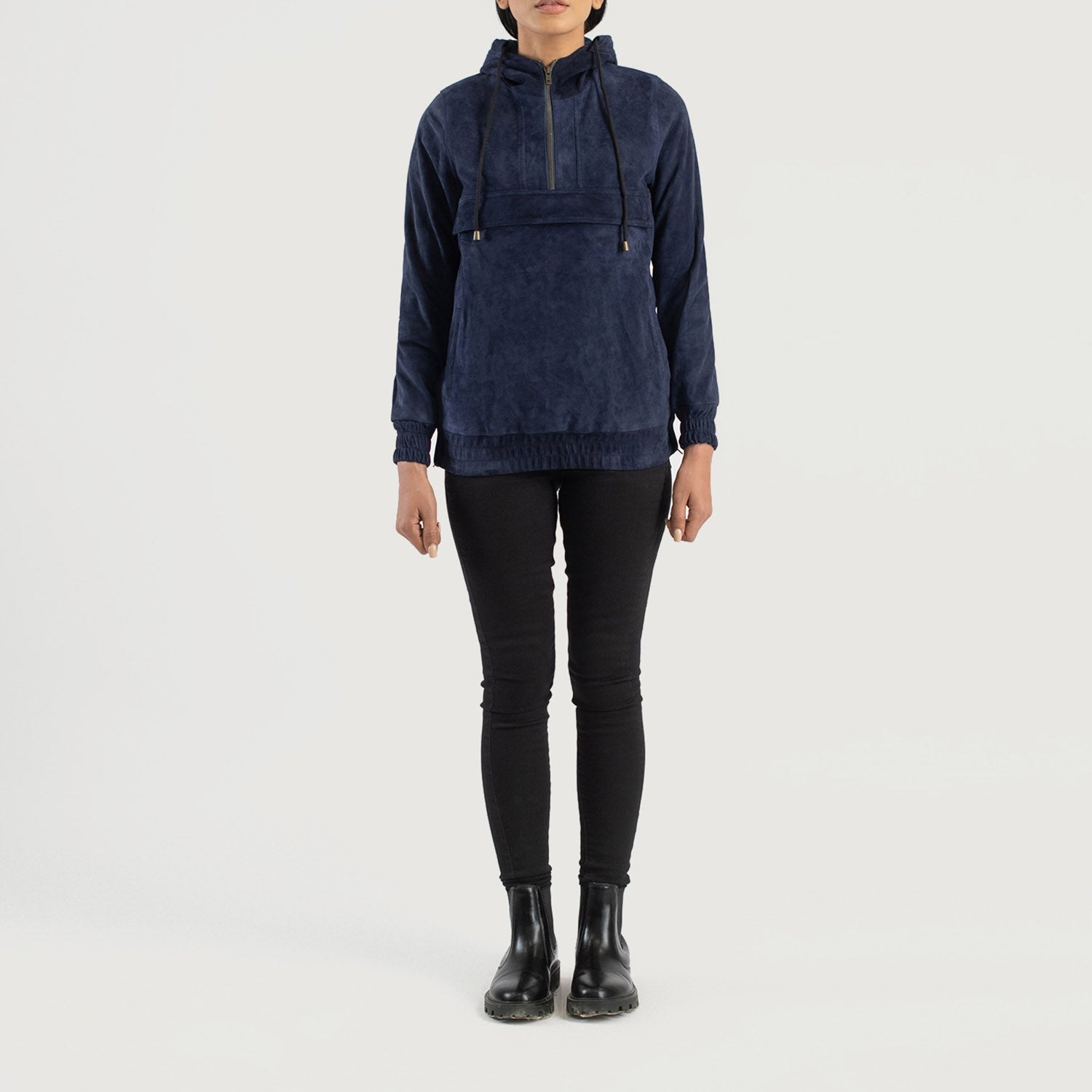 Blue Hooded Suede Pullover Jacket for women