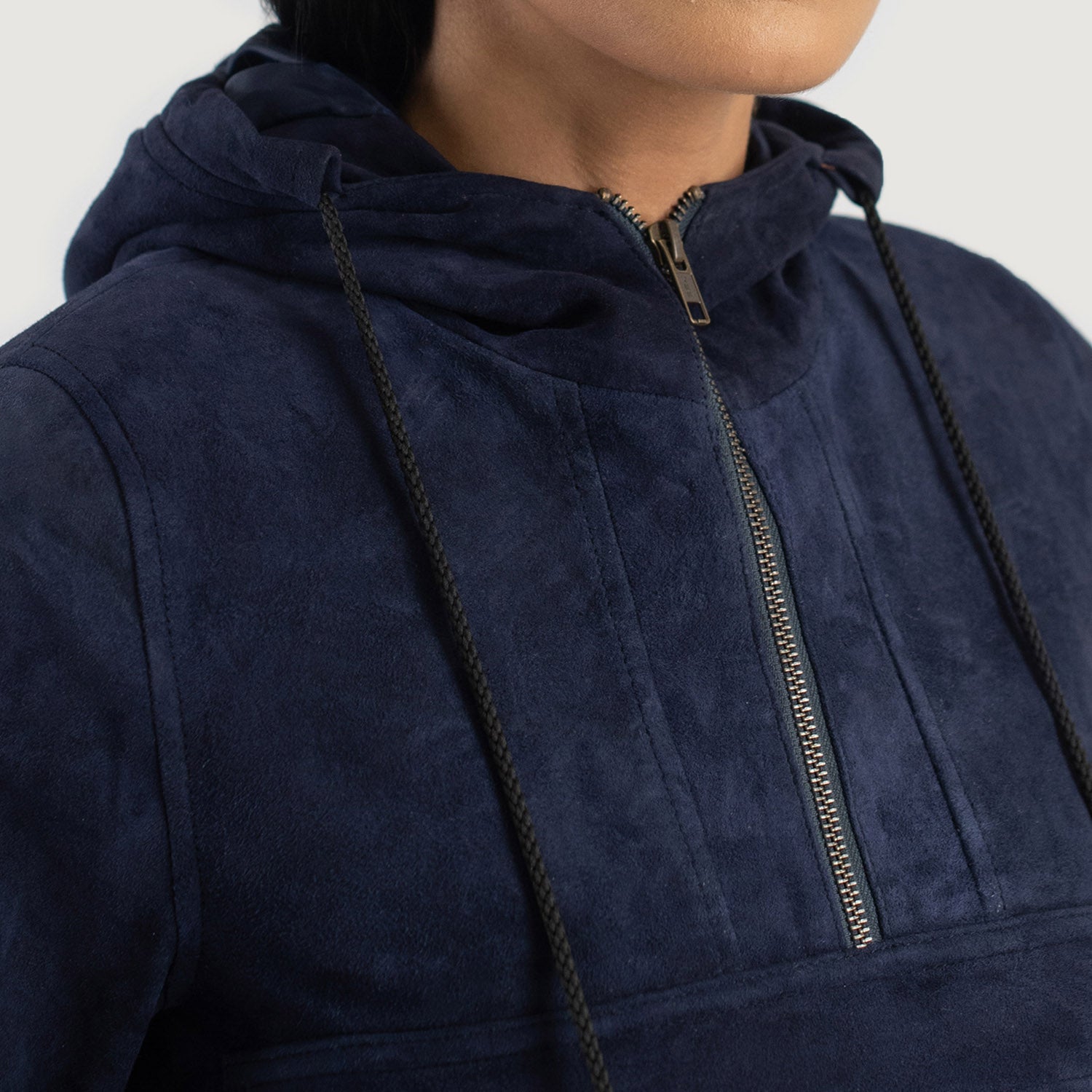 Blue Hooded Suede Pullover Jacket for women