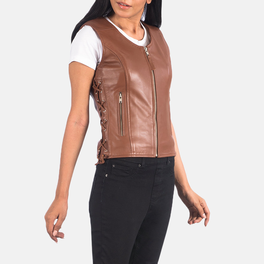 Women Brown Leather Biker Vest