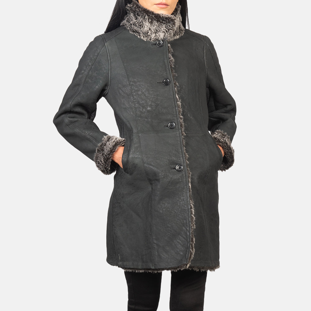 Sara Shearling Black Leather Women Coat