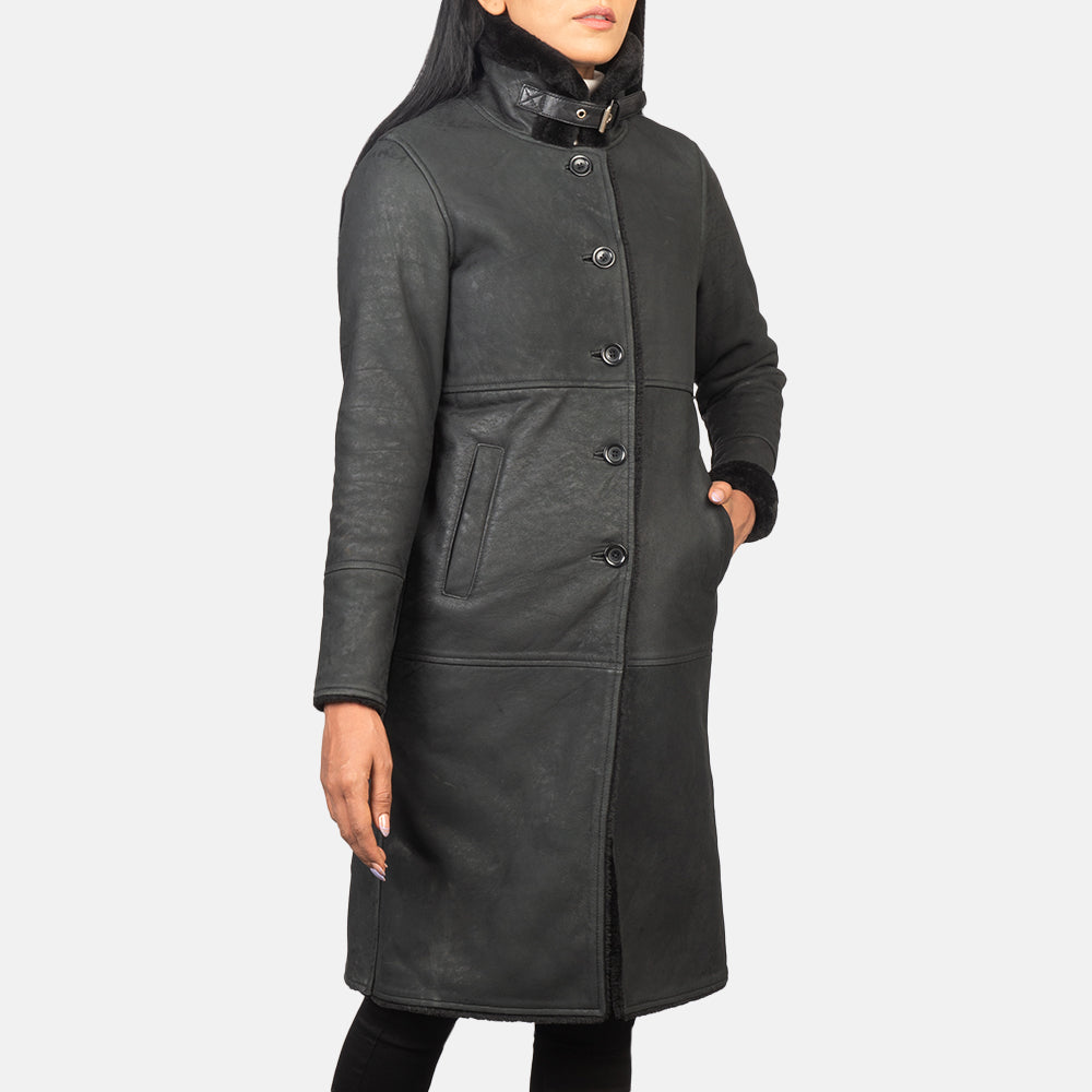 Saira  Shearling Black Leather Women Coat