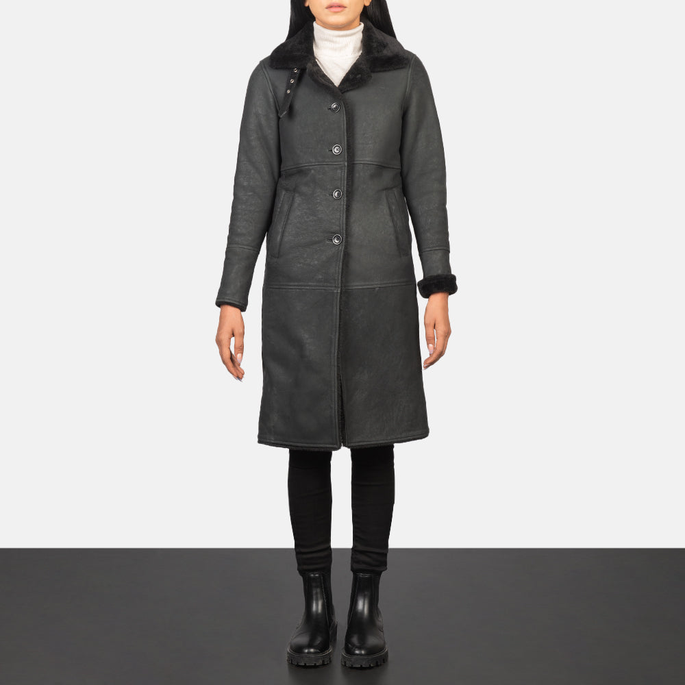 Saira  Shearling Black Leather Women Coat