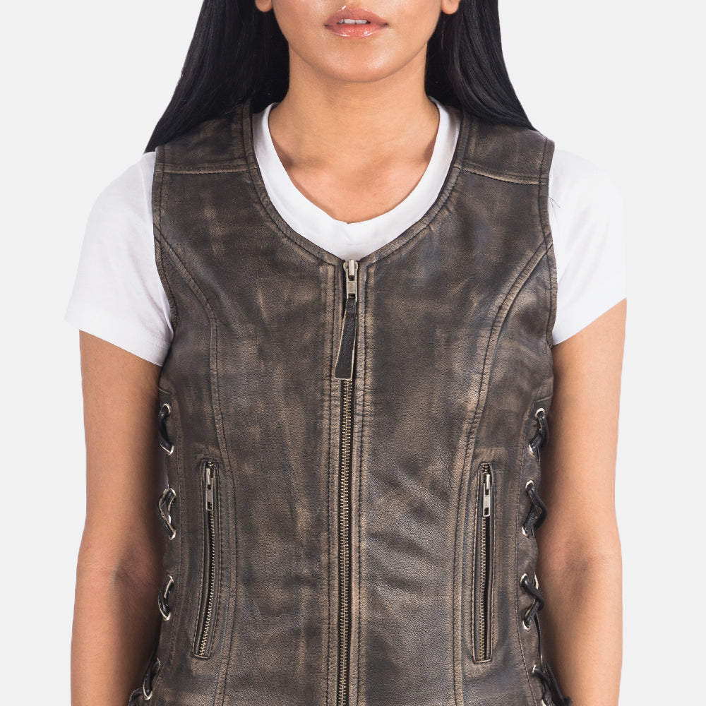 Amelia Distressed Brown Leather Biker Vest