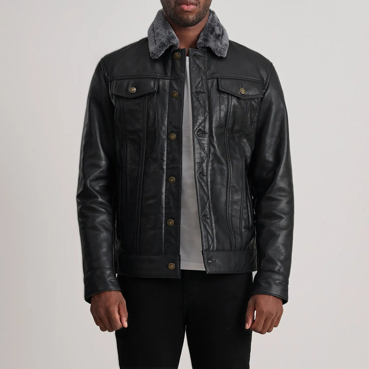 Alex  Black Leather Shearling Trucker Jacket for men