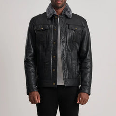 Alex  Black Leather Shearling Trucker Jacket for men