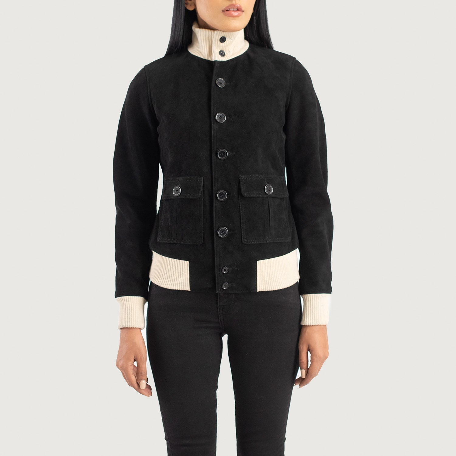 Women Black Suede Bomber Jacket