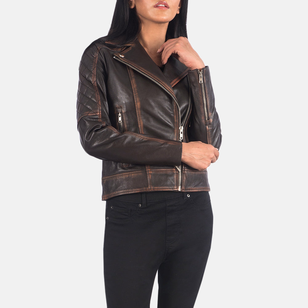 Womens Brown Leather Quilted Biker Jacket