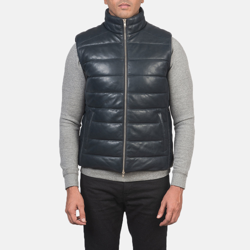 Mens Blue Leather Puffer Vest