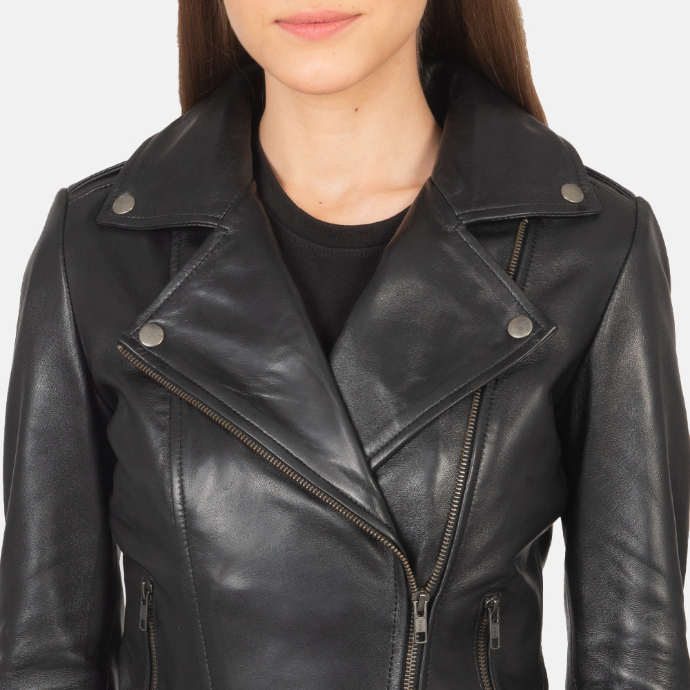 Elsus Black Leather Women Biker Jacket