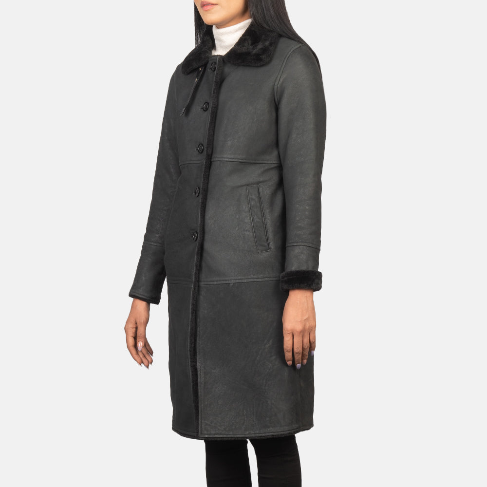 Saira  Shearling Black Leather Women Coat
