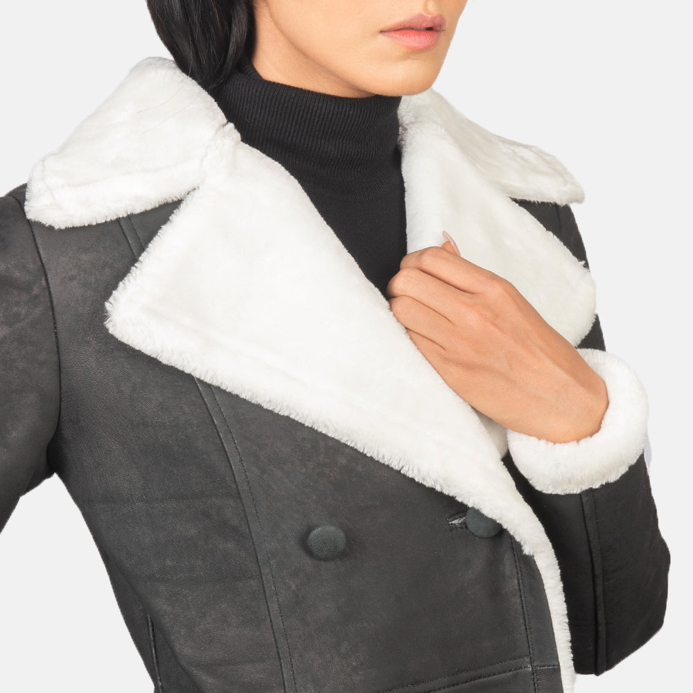 Amie Black Double Breasted Shearling Coat for women