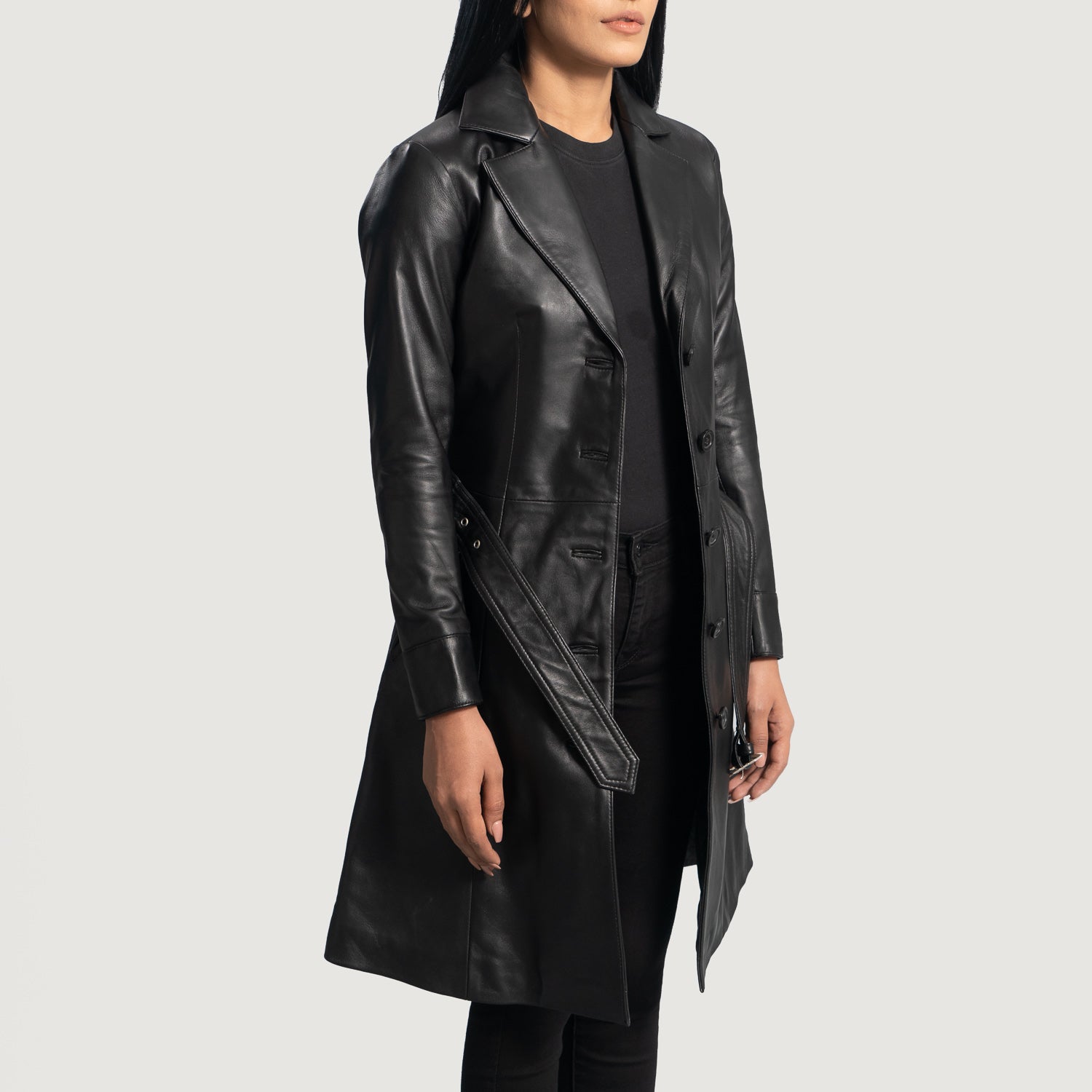 Sara Black Leather Trench Women Coat