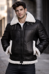 Cockpit Pilot RAF Aviator WWII Military Bomber Black Genuine Leather Jacket with Warm Sheep Shearling for Winters and Cold Weather