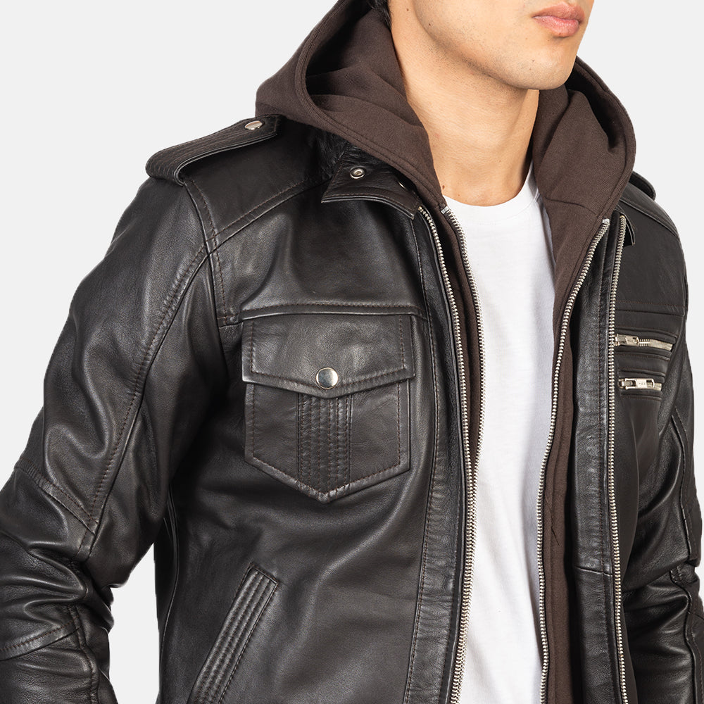 Mens Brown Hooded Leather Bomber Jacket