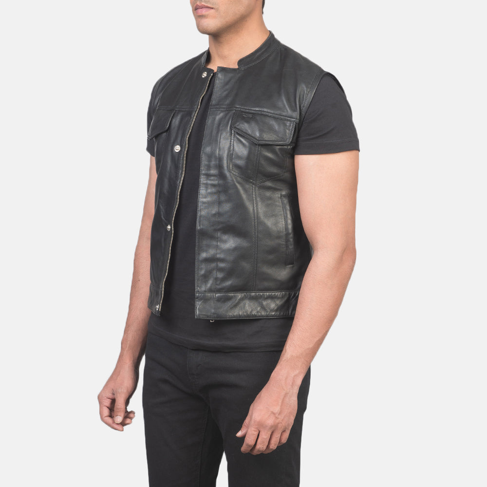 Mens Moto Black Leather Vest