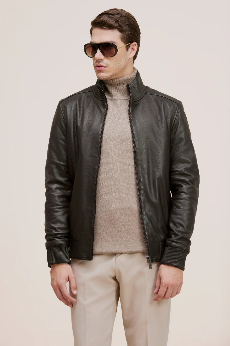 Arman bomber with ribbed detail and versatile style leather Jacket