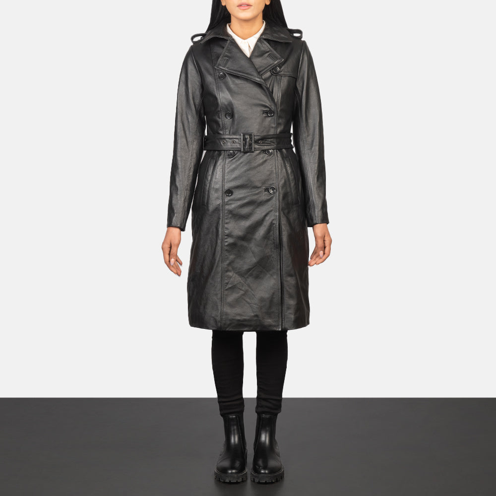 Sara Black Double Breasted Leather Women Coat