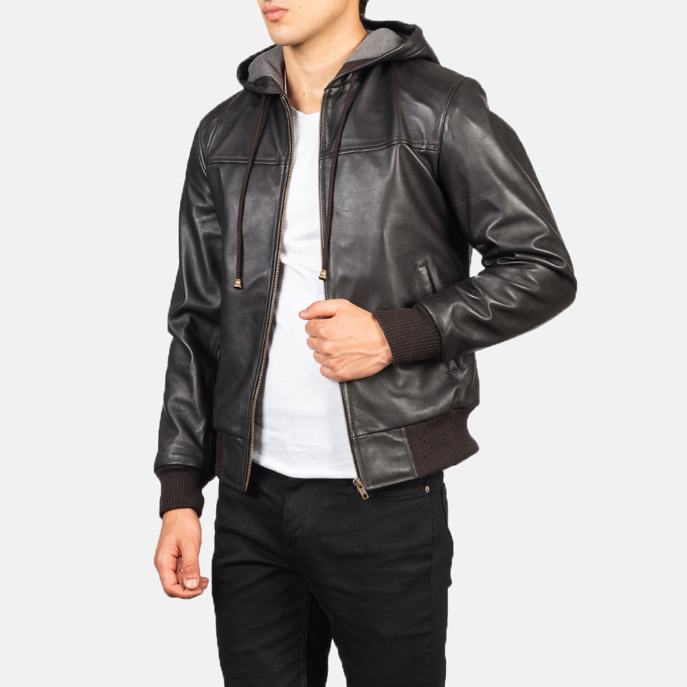 Mens Brown Hooded Leather Bomber Jacket