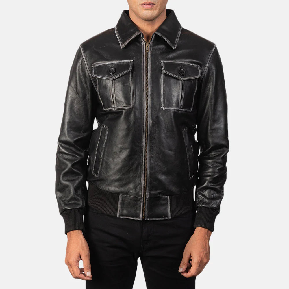 Black Leather Bomber sheepskin Jacket for men