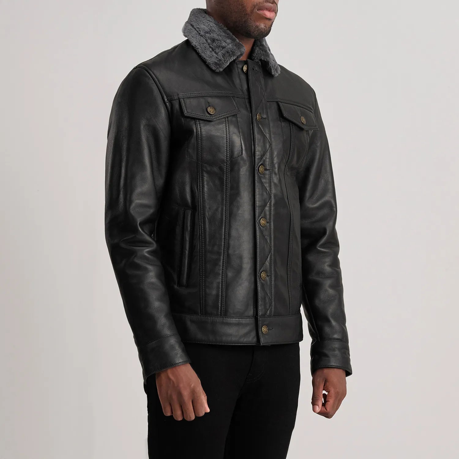 Alex  Black Leather Shearling Trucker Jacket for men
