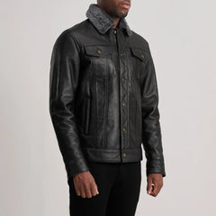 Alex  Black Leather Shearling Trucker Jacket for men
