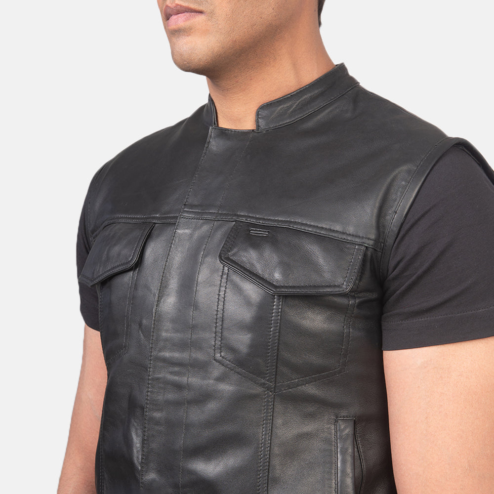 Mens Moto Black Leather Vest