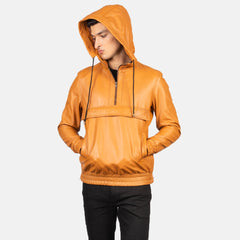 Mens Hooded Brown Leather Pullover Jacket
