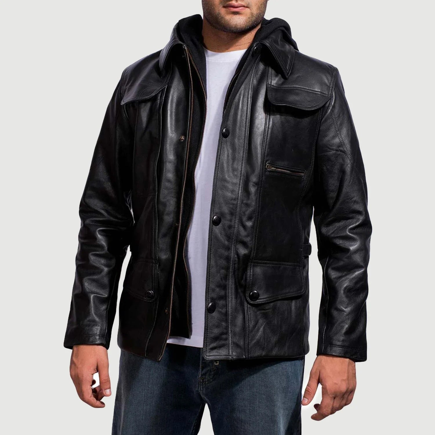 Men Hooded Black Leather Jacket