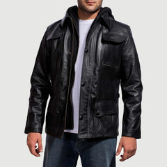 Men Hooded Black Leather Jacket
