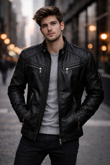 Men's Slim fit Biker's Black Real Leather Jacket - Handmade Casual Lambskin Leather Black Jacket