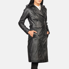 Sara Black Double Breasted Leather Women Coat