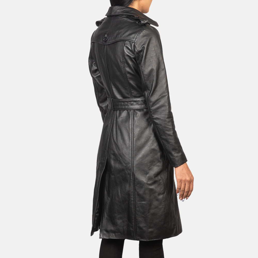 Sara Black Double Breasted Leather Women Coat