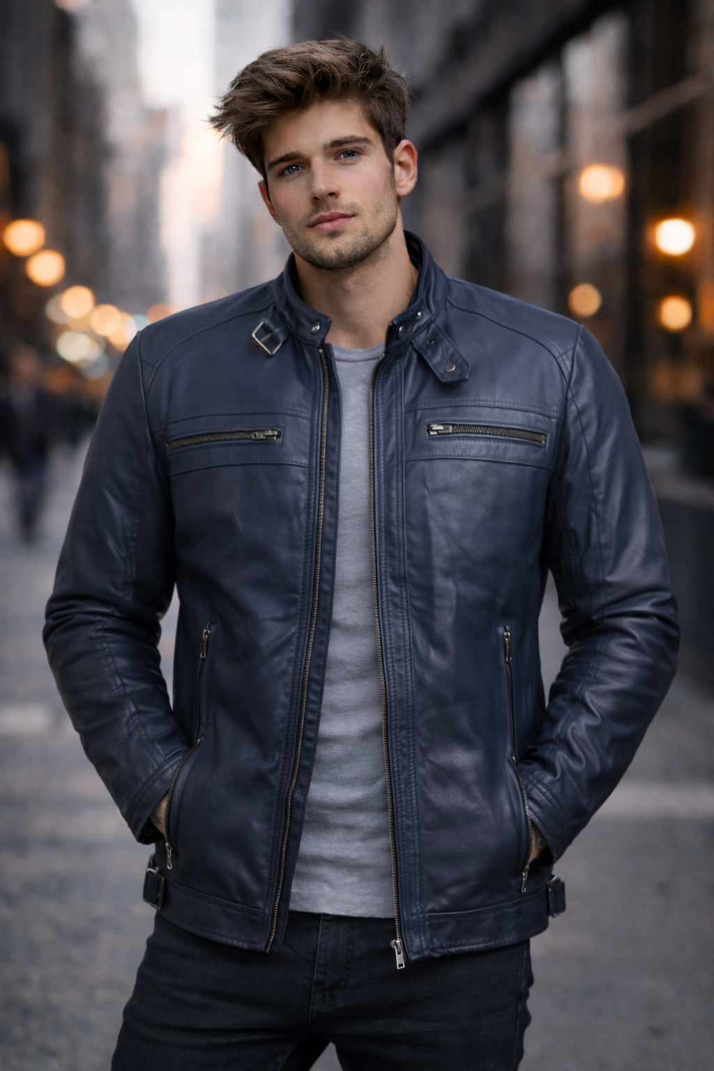 Men’s Blue Leather Jacket – Classic and Timeless.