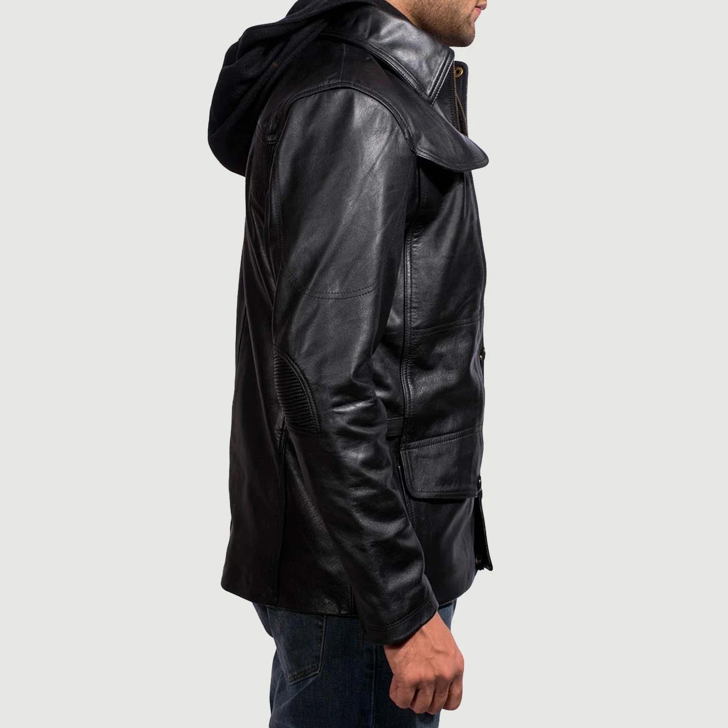 Men Hooded Black Leather Jacket