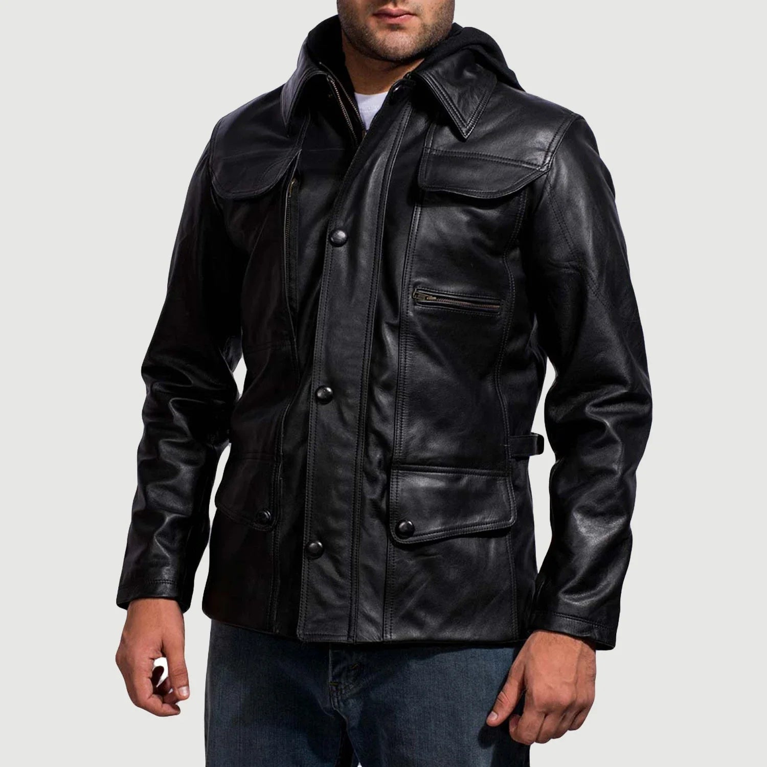Men Hooded Black Leather Jacket