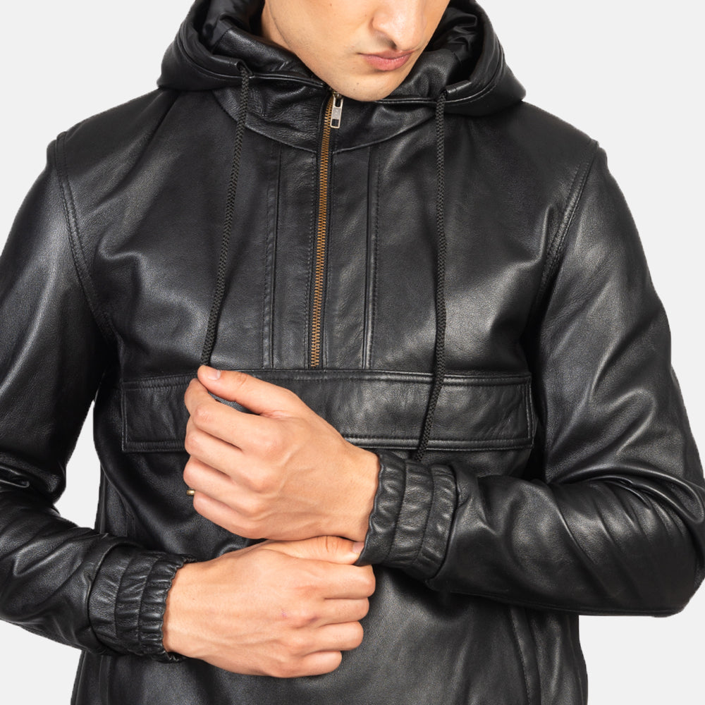 Alex Hooded Black Leather Pullover Jacket for men