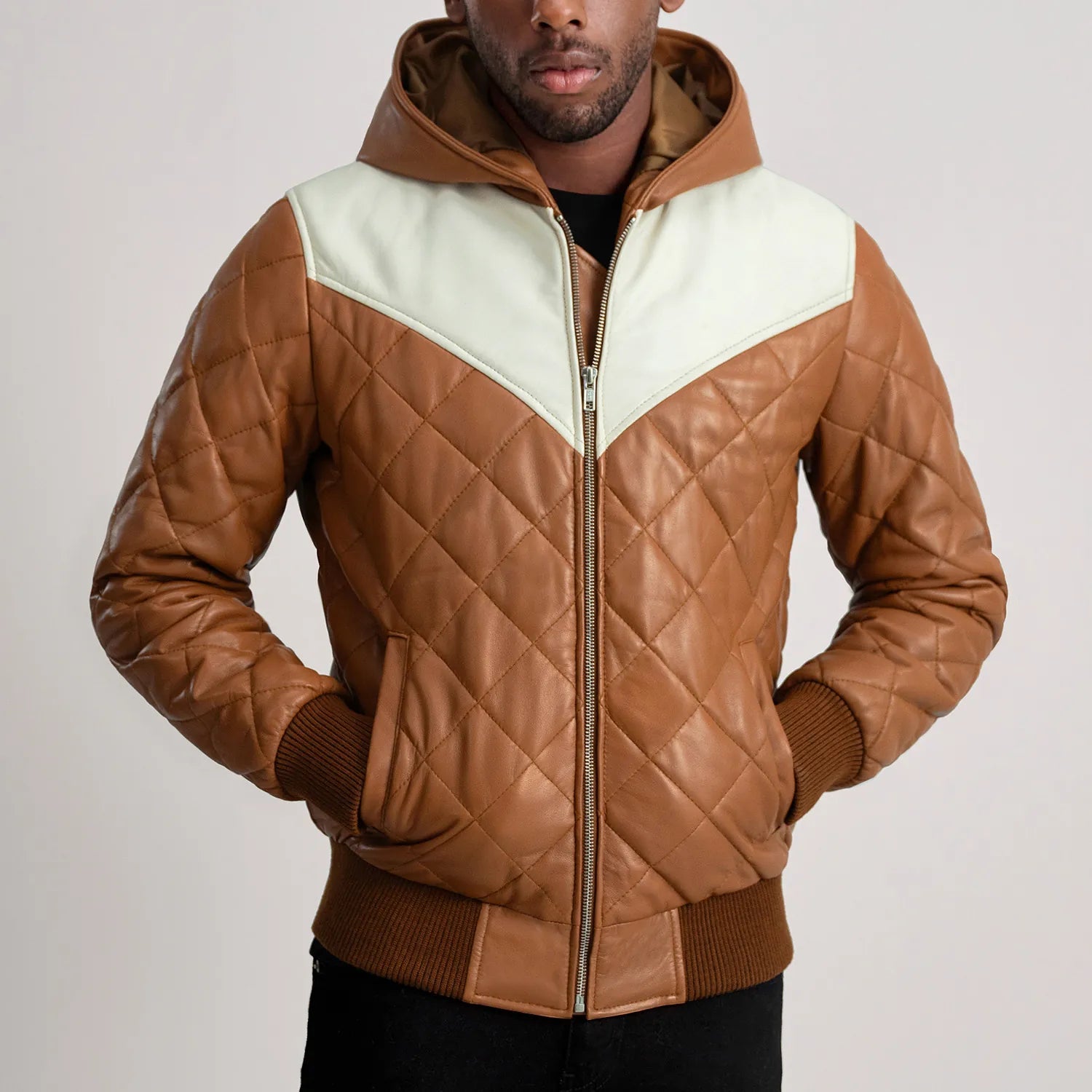 Noman Tan Hooded Bomber Leather Puffer Jacket