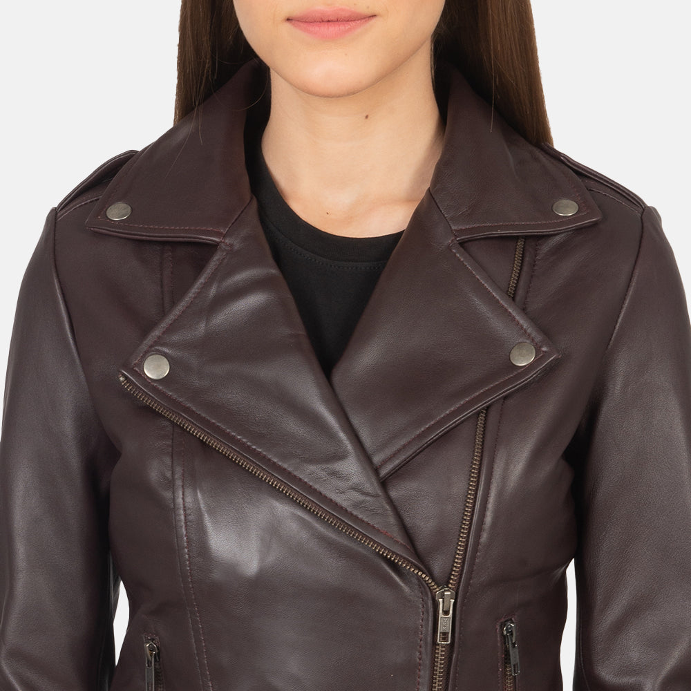 Maroon Leather Women Biker Jacket