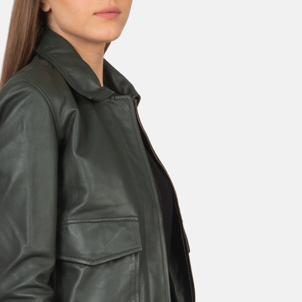 Women Green Leather Bomber Jacket