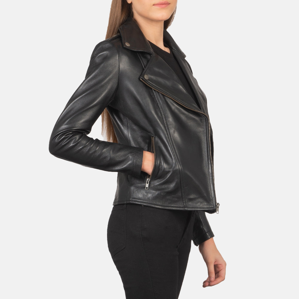 Elsus Black Leather Women Biker Jacket