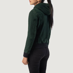 Green Suede Hooded Bomber Women Jacket