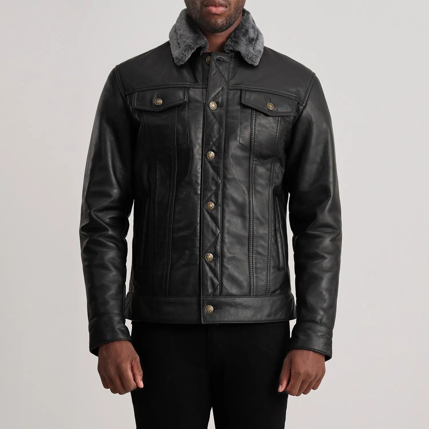 Alex  Black Leather Shearling Trucker Jacket for men