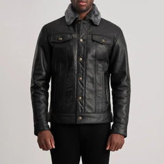 Alex  Black Leather Shearling Trucker Jacket for men