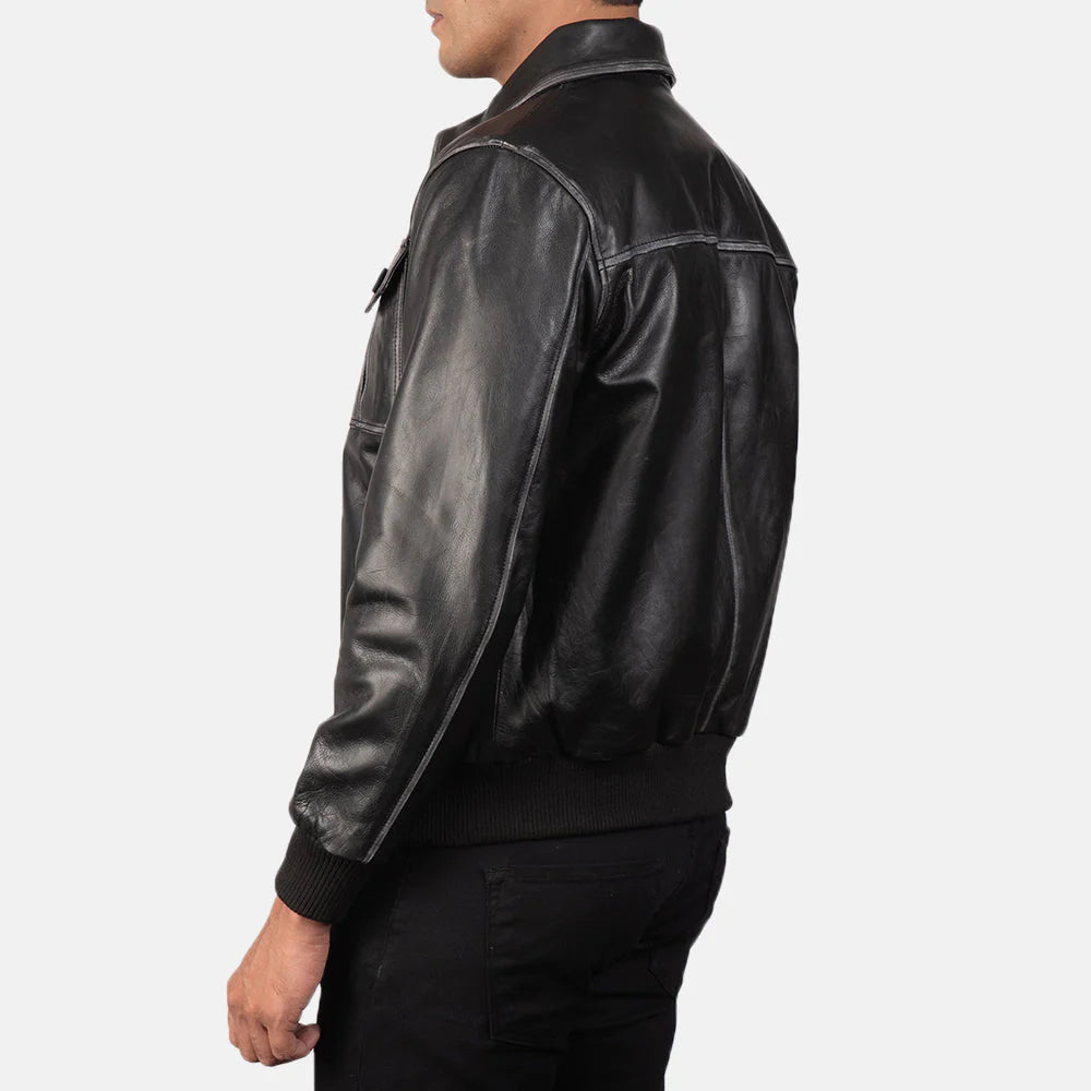 Black Leather Bomber sheepskin Jacket for men