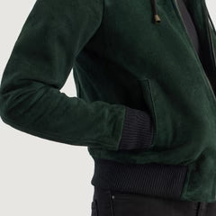 Green Suede Hooded Bomber Women Jacket