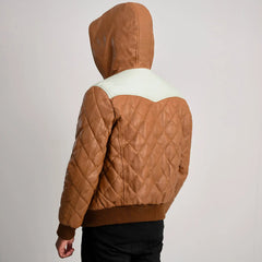 Noman Tan Hooded Bomber Leather Puffer Jacket